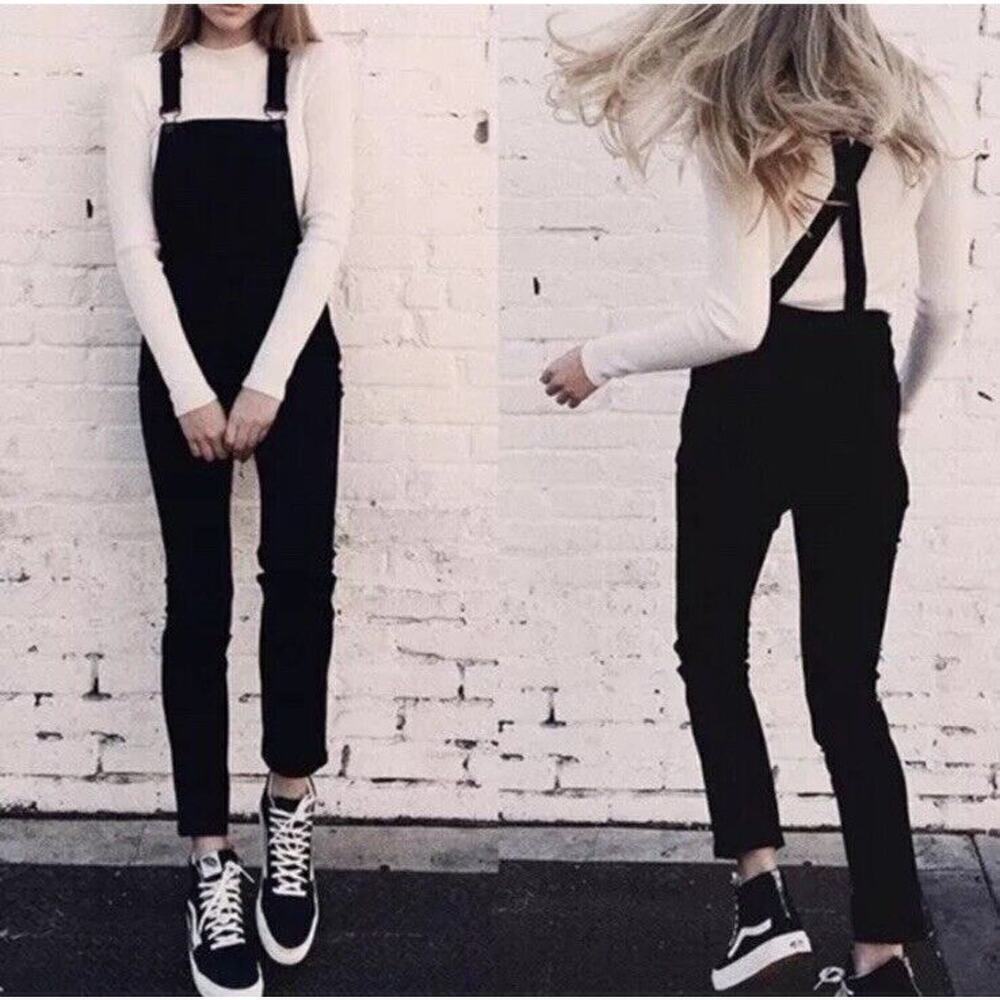 BRANDY MELVILLE Uma Slim Fit Cross Strap Overalls Washed Denim Black Size M